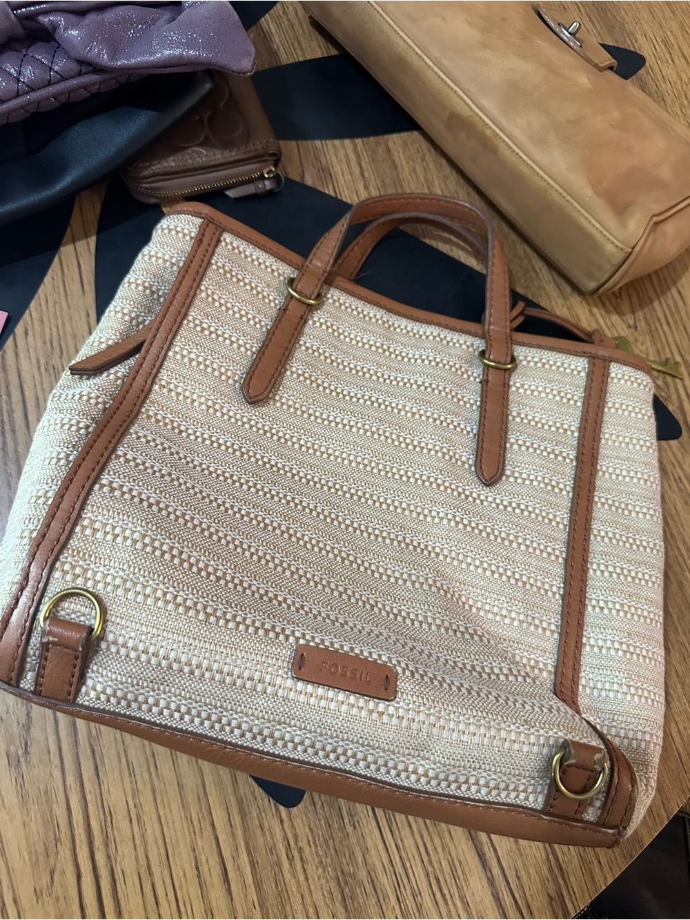 Vintage Fossil Beige & Tan Woven Tote Bag - crossbody or handbag